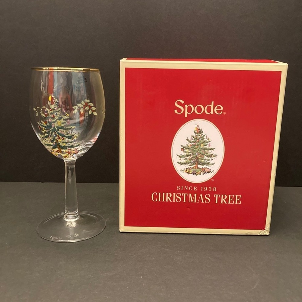 Spode Christmas Tree Wine Glasses Set of‎ 4 Gold Rimmed 13 Oz New in Box Vintage